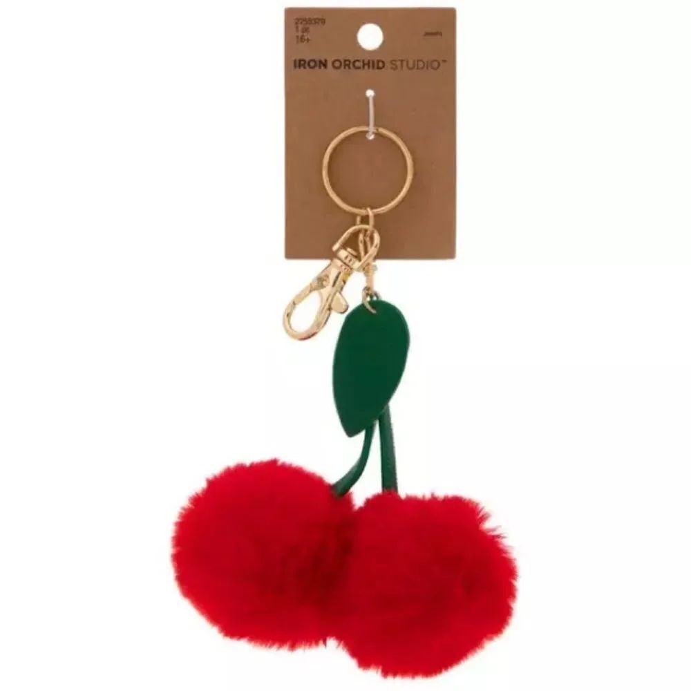 New Iron Orchid Studio Red Cherry Pom Pom Keychain Bag Charm